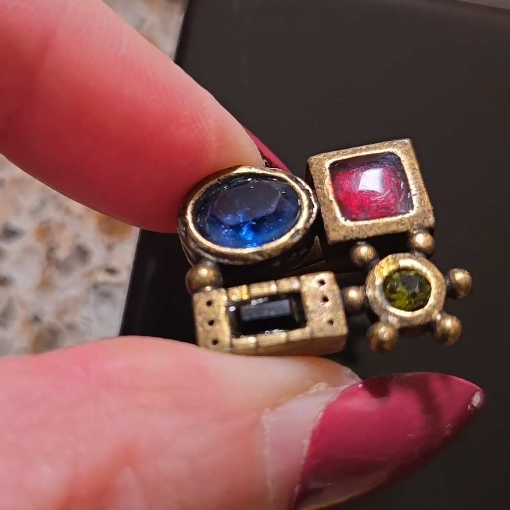 Chico's Vintage 1980s Clip-On Earrings with Blue and Red Green Stones In Brozen - Picture 13 of 16